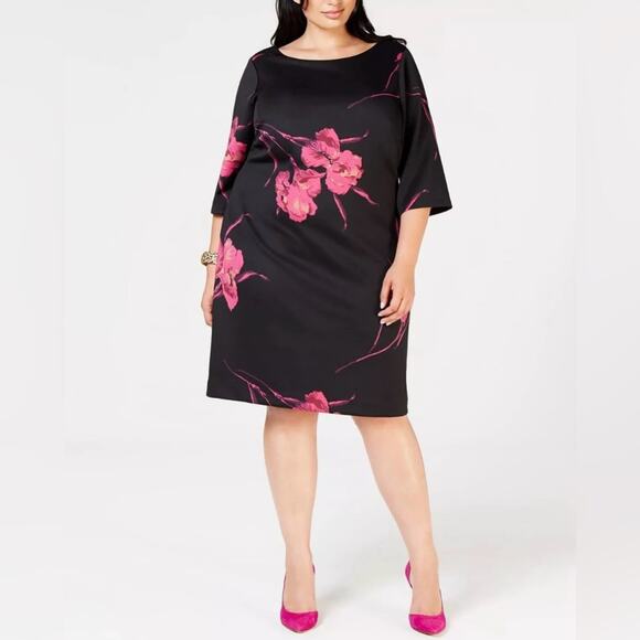 Betsy Johnson Plus Size Scuba Knit Floral Shift Dress Black And Pink Size 18W - Picture 1 of 12